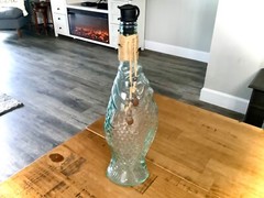 VINTAGE BLUE GREEN FISH ITALIAN GLASS BOTTLE WINE BOTTLE DECANTER w/ STOPPER 14&Prime;