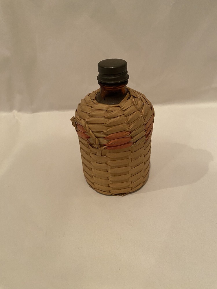 Small Antique Wicker Wrapped Brown Glass Bottle