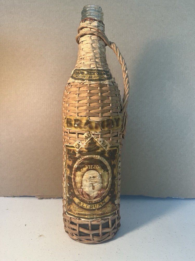 Vintage Mexican Viejo Altruan Wicker Wrapped Wine Bottle (Empty)