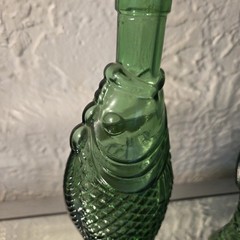 2 Vintage Decanter Fish Shaped Glass 13&Prime; & 10” Green Italian Wine Bottle 70s