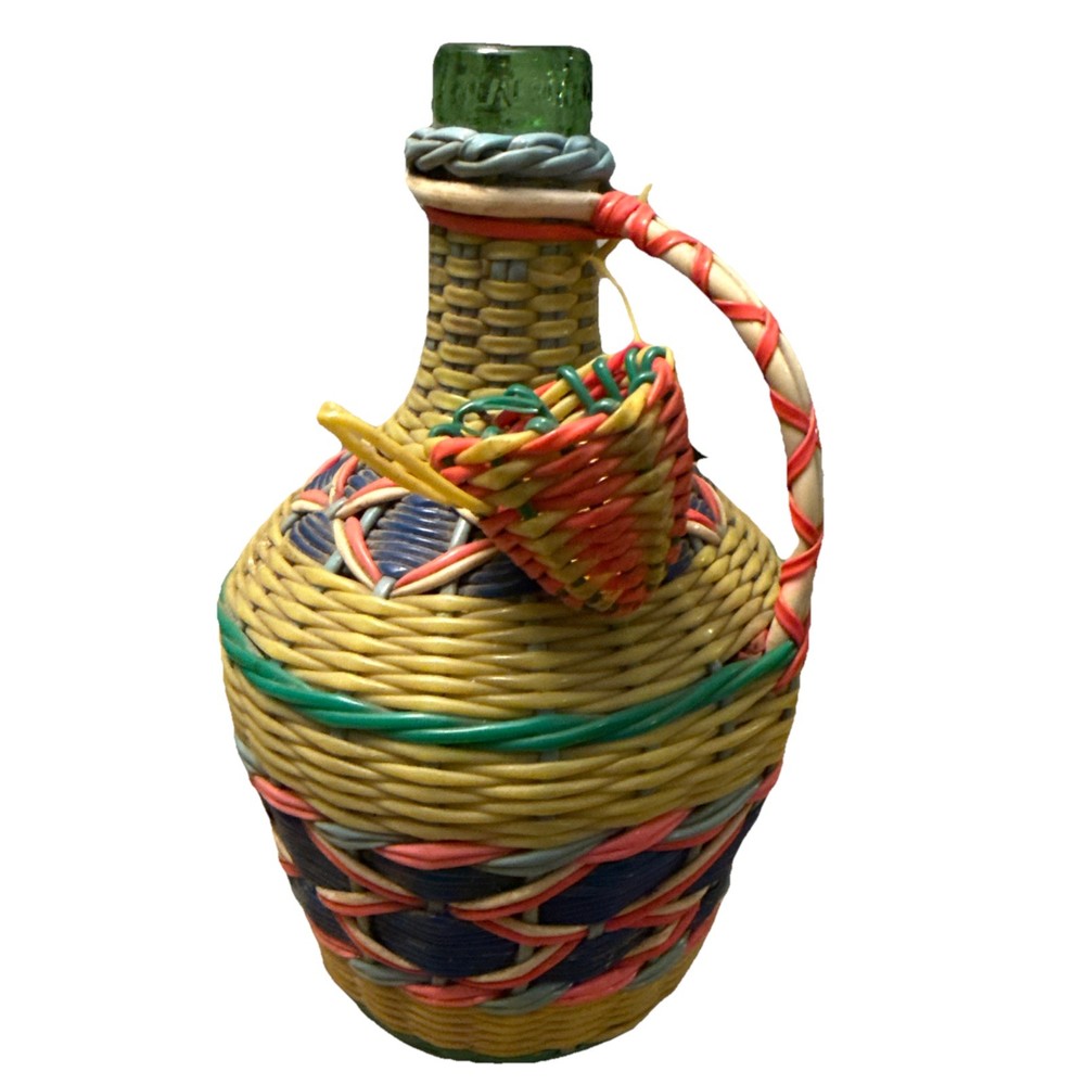 Vintage Green Viresa Glass Bottle Wrapped In Colorful Plastic Wicker 9.5” Tall