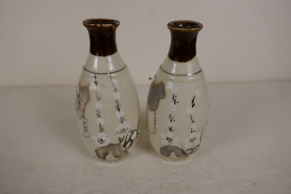Vintage Pair Chinese Mijiu or Rice Wine Bottle/ Vase & Bud Vase Traditional Art