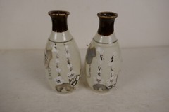 Vintage Pair Chinese Mijiu or Rice Wine Bottle/ Vase & Bud Vase Traditional Art