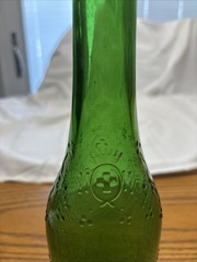 Vgt Green Glass Wine Bottle With Embossed Grape Designs, 11” Tall