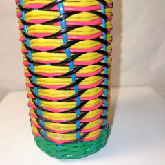 Vintage Viresa Plastic Wicker Wrapped Wine Bottle Boho Chic Spain colorful 15&Prime; H