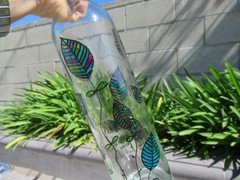 Hand Painted Empty Clear Wine Bottle, Leaves Shades of Blue, Green and Purple