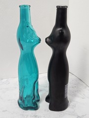 Rheinhessen Riesling Cats Bottles 1 Black & 1 Teal Blue 13&Prime; H