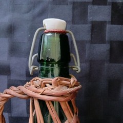 Vtg 2L European 16&Prime; Wicker Covered Demijohn Bottle w/Baled Porcelain Stopper