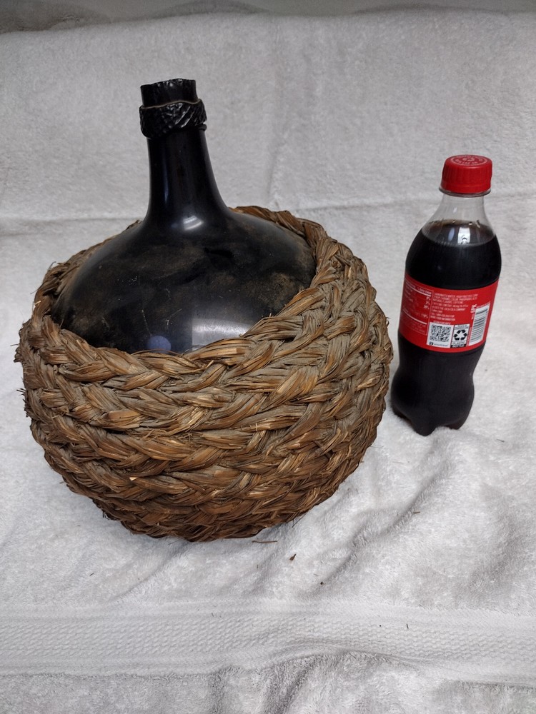 19th Century French Wine Demijohn Reed/Grass Wrapped Brown Glass 11&Prime; Tall #2