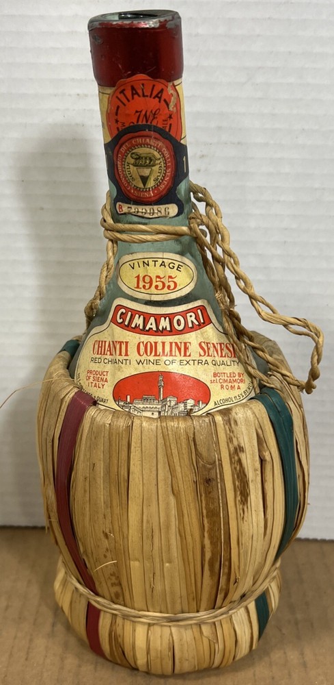 Vintage Italy 1955 Chianti Colline Senesi Wicker Wrap Green Glass Bottle Empty