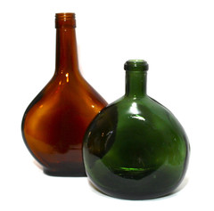 Vintage Glass Wine Bottles Brown Amber Flask & Green Mateus Set 2