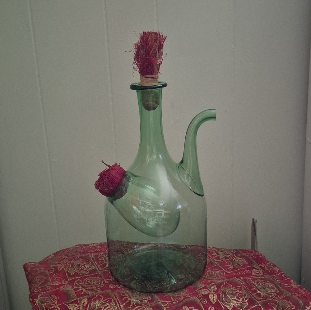 Vintage Italian Demijohn Green Glass Wine Decanter with Plugs and Ice Chamber