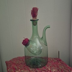 Vintage Italian Demijohn Green Glass Wine Decanter with Plugs and Ice Chamber