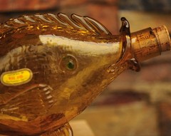 Vintage Haas Bros California Glass Fish Decanter Bottle Amber w/ Green Eyes 15&Prime;