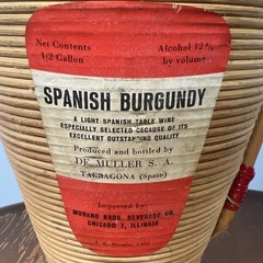 Vintage Spanish Burgundy Wine Bottle Rattan Wrapped With Handle & Cork MCM HTF