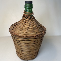 Vtg Wicker Wrapped Demijohn De Muller Spain Green Glass Wine Bottle 13” h x 9” w