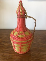 Vintage Plastic Wicker Wrapped Decanter Jug W/ Lid Neon Gimp Retro