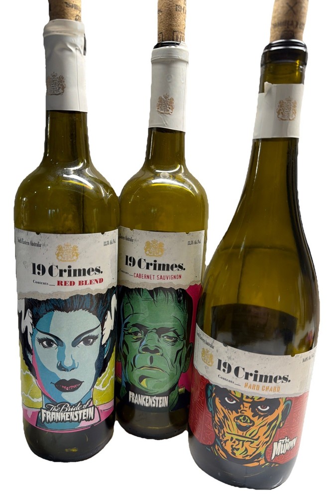 19 Crimes Universal Monsters Glow Wine Bottles Frankenstein, Bride & the Mummy