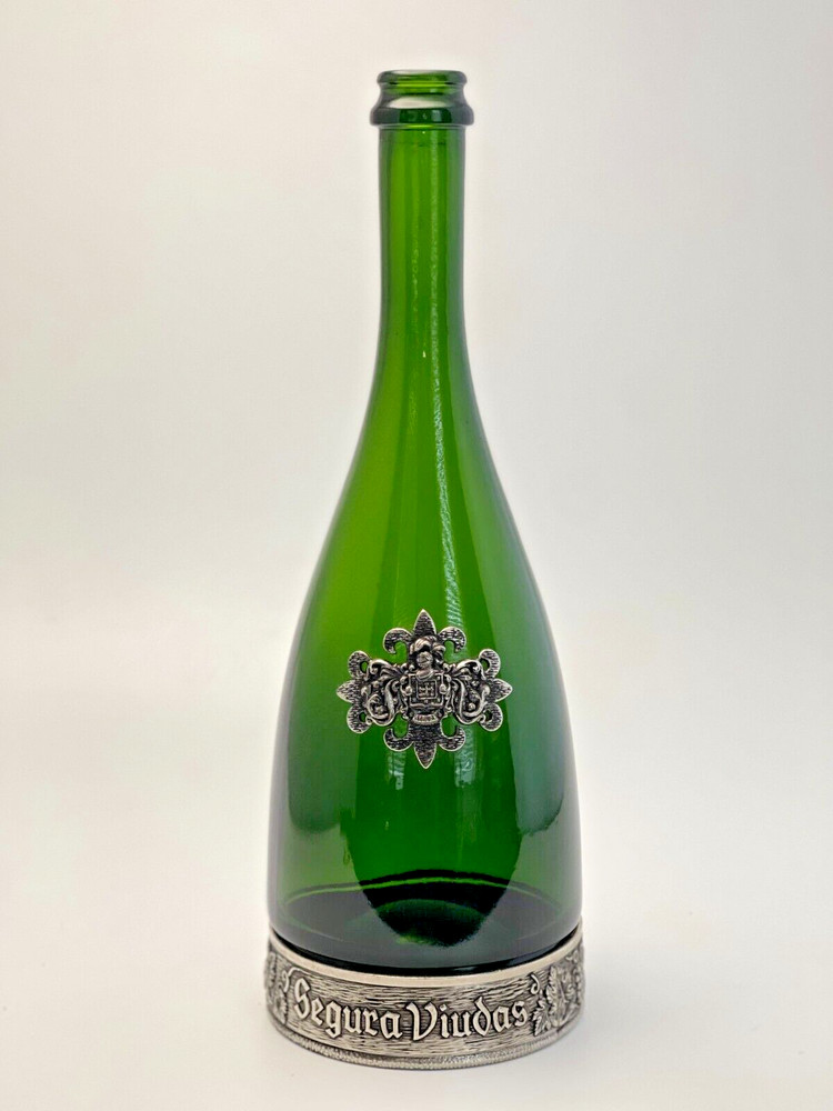 Vintage Segura Viudas Empty Green Empty Wine Bottle Pewter Vines Grapes & Base.