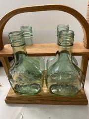 4 Vintage Small Almaden Pony Green Glass Wine Bottles 187 ML w Wood Carrier