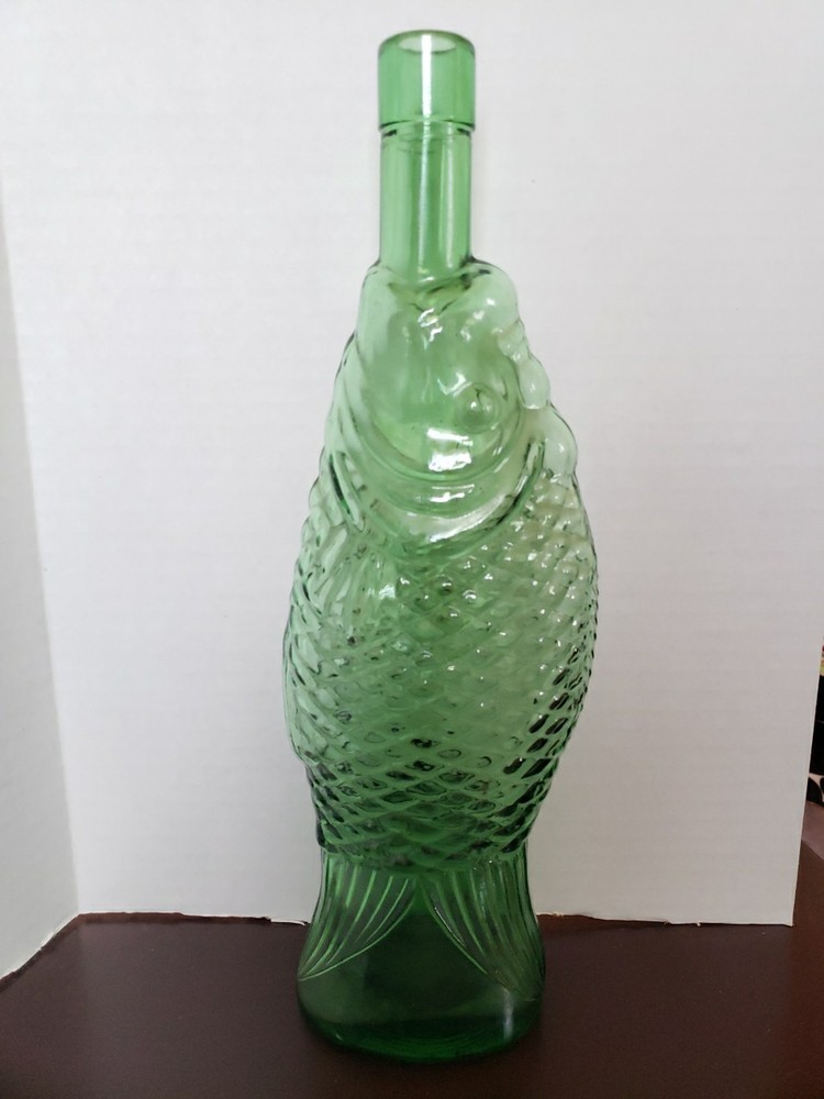 1970s Vintage Green Glass Fish Shaped Wine Bottle Decanter Italy Beautiful
