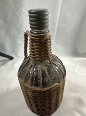 Old Glass Bubble Wicker Wrapped Bottle With Metal Screw Cork 10” Denver Antique