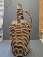 Vintage Rustic Large Wicker Demijohn 16” Green Bottle W/ Partial Cork.