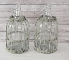 Vtg Pair 1 Gallon Glass Jugs Wicker Basket Wrap Demijohn Bottles Boho Farmhouse