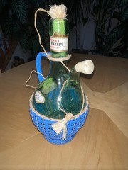 1963 Chianti Italian Wine Green Glass Decanter & Blue Wicker Basket Labels Rare
