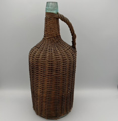 Antique Wicker Wrapped Aqua Glass Demijohn Demi John Bottle Jug Wine Basket