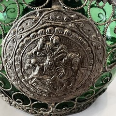 ANTIQUE 9.5” FILIGREE Wrapped Emerald GREEN GLASS Decanter