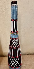 VTG MCM 2 Wicker Wrapped Scoubidou Wine Bottles Multicolor 15 & 17” Tall