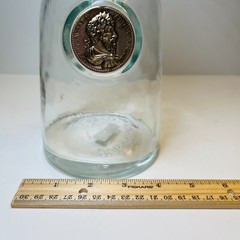 Vtg Wine Clear Glass Carafe Decanter Raised Faux Antique Gold Finish Medall Rare
