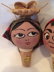 Vintage Wood Wine Bottle Cork Stopper Pair Souvenir Portugal Hand Painted