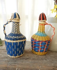 MCM 2 Colorful Plastic Wrapped Glass Bottles|Viresa Demijohn Spain J. Albinana H