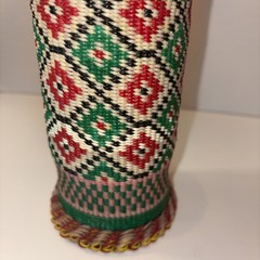 Vintage Viresa Scoubidou Wine Bottle & Cap Plastic Woven Wicker Spain Colorful