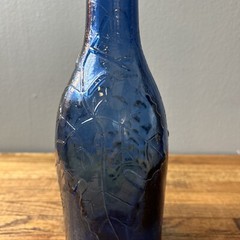 VTG Cobalt Blue European Wine Bottle With Embossed Grapes And Leaves 12” X 3.25”