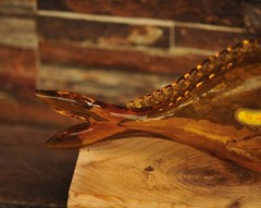 Vintage Haas Bros California Glass Fish Decanter Bottle Amber w/ Green Eyes 15&Prime;
