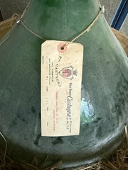 Antique Italian 26” Demijohn Wine Jug Large Demigiana Green Glass W/ Tag Rustic
