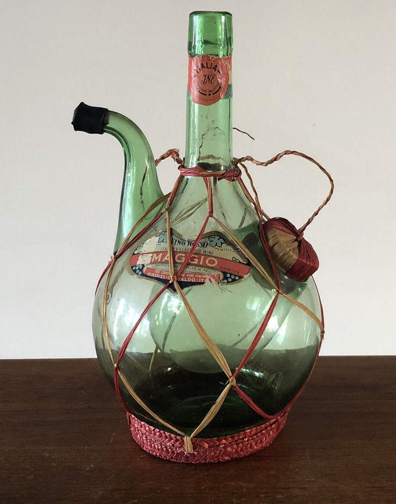 VTG Italy Maggio Red Wine Decanter Basket Green Glass Bottle Ice Chamber 1950s