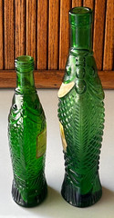 2 ANTINORI Green Glass Fish Decanters 1965 10.5&Prime; & 8&Prime; BIANCO White Wine Ital