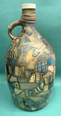 Vintage Green Glass Jug 4 L/1 GalHand decorated Decoupage w Faces 13&Prime; tall