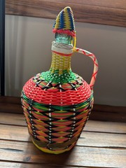 Vintage Viresa Spain Wine Bottle Plastic Woven Wicker Metal Handle Empty Boho