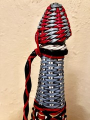 VTG MCM 2 Wicker Wrapped Scoubidou Wine Bottles Multicolor 15 & 17” Tall