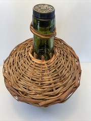 Vtg Wicker Wrapped Demijohn De Muller Spain Green Glass Wine Bottle 13” h x 9”w*