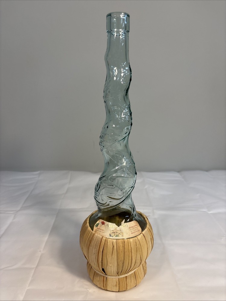 Bottaro Green Spiral Glass Empty Wine Bottle Italy 16&Prime; Raffia Wrap Decor