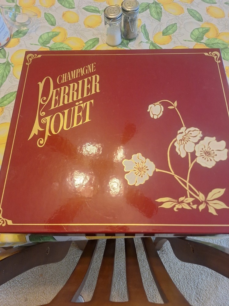 Perrier Jouet Box Champagne 1988 EMPTY Bottle/Cork 4 Hand Painted Glass Flutes