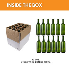 W5 750Ml Green Wine Bottles (Pack of 12), Empty Bordeaux Liquor Bottles for Drin
