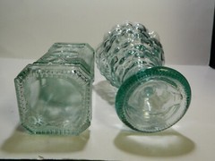 Vintage (2) Embossed Aqua Green Glass Ewer / Decanters 11.75&Prime; (Pinord) Excellent