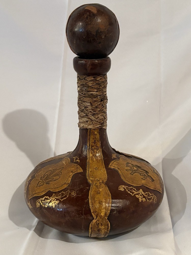 VTG Italian Leather Wrapped Decorative Wine Bottle w/ Wood Stopper RARE Italy